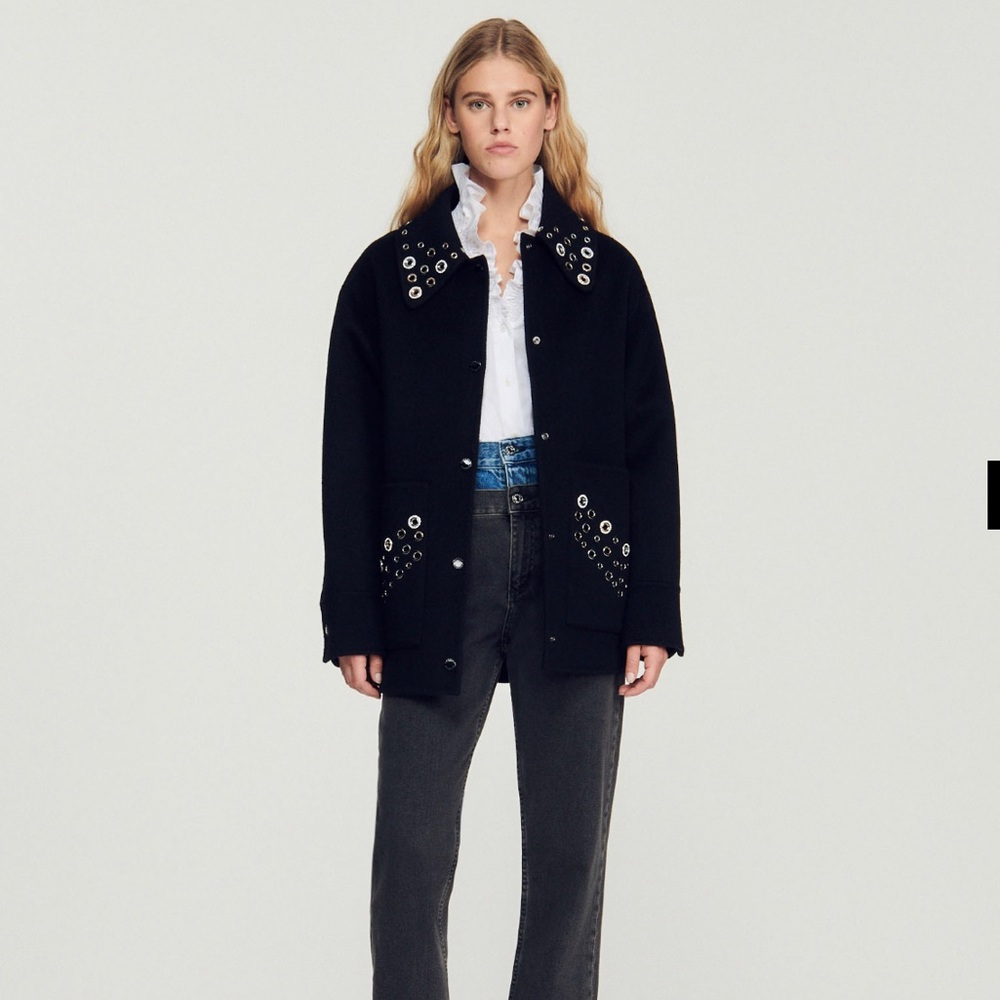 Sandro Wave Wool Embellished Coat 38